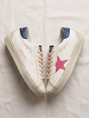 Golden Goose White Leather Sneakers with Pink Star & Blue Glitter Heel
